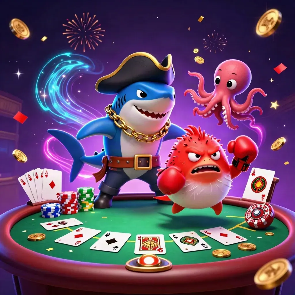 Pirate shark, boxing pufferfish, and coin-juggling octopus in a glowing casino fantasy