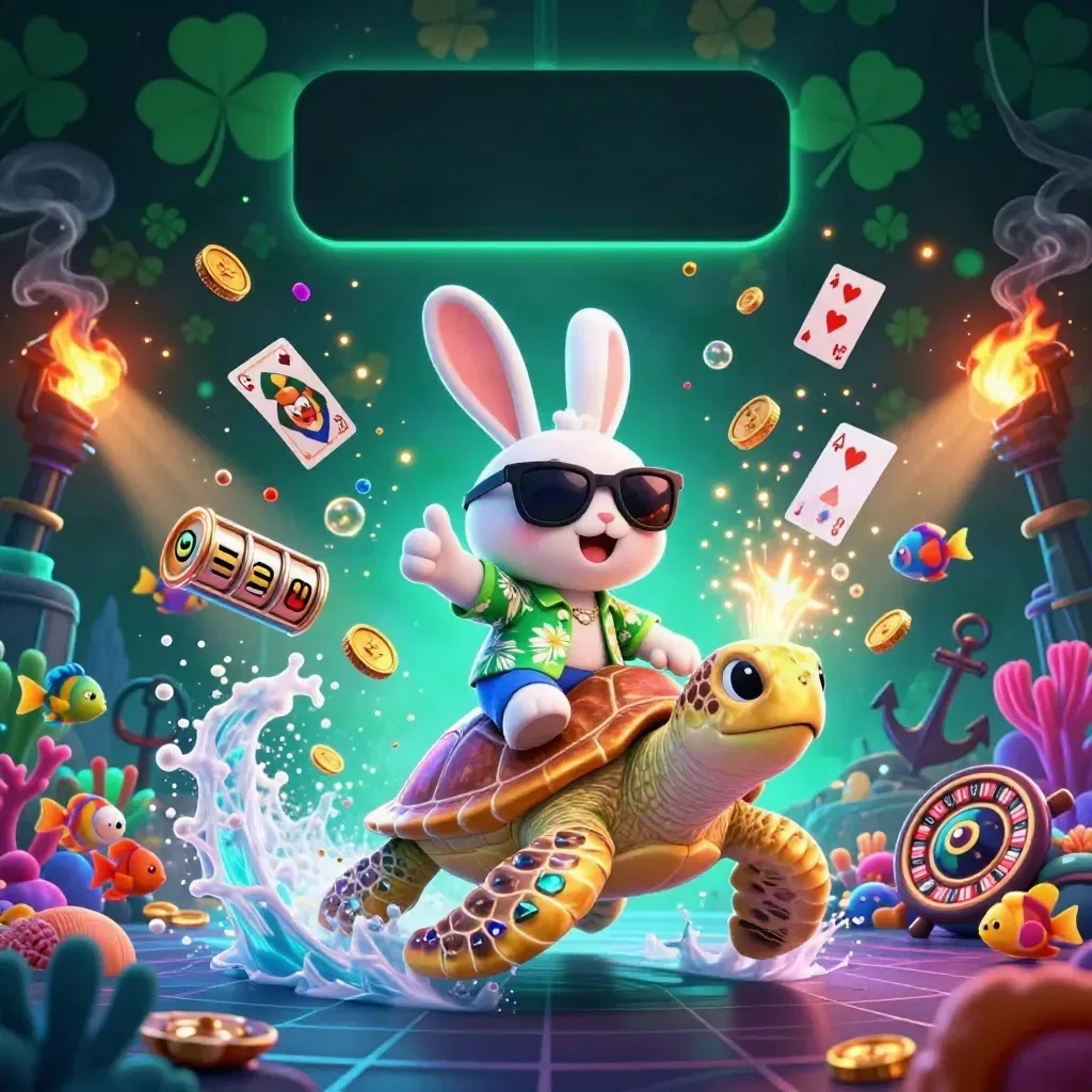 A lucky rabbit rides a golden sea turtle through a glowing treasure cove with coins and cards.