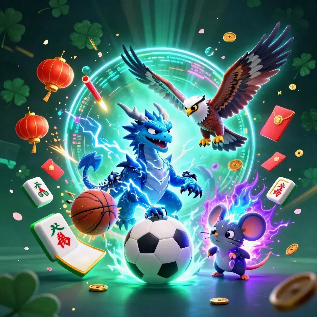Thunder dragon, wind hawk, and static mouse amid sports balls, coins, lanterns, and neon casino glow.