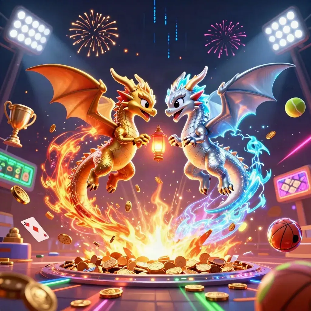 Gold and silver dragons burst through coins, sports balls, fireworks, trophy, and neon casino lights.