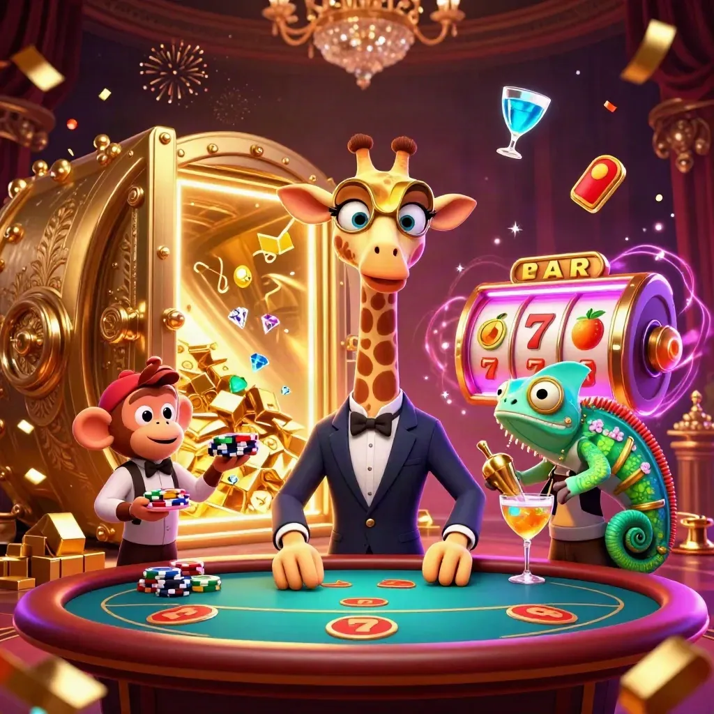 Giraffe, monkey valet, and chameleon in a luxe casino burst with gold, gems, and slot symbols.